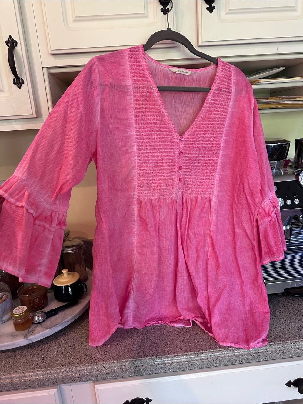Soft Surroundings peach/pink   Smocked V-Neck Peasant blouse with ruffle sleeves - Picture 5 of 5